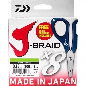 Шнур DAIWA J-Braid X8E-W/SC 0,13мм 300м chartreuse + ножницы Шнур DAIWA J-Braid X8E-W/SC 0,13мм 300м chartreuse + ножницы
